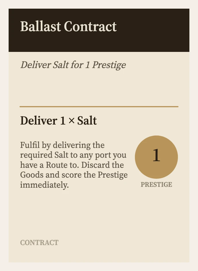 A printable contract card generated from an entry, showing its title, cost and rules text.