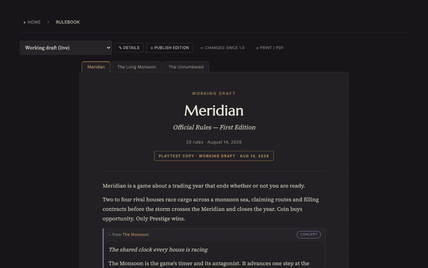 Meridian's rulebook, compiled from individual rule entries into numbered chapters.